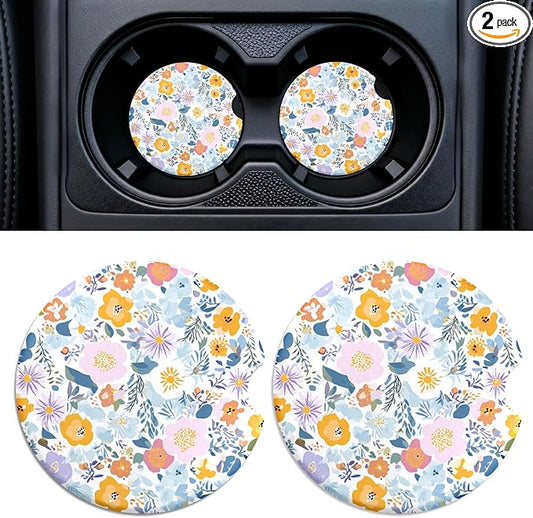 Car Cup Holder Ceramic Coasters 2 Pack, 2.56 in Anti Slip Absorbent Coaster with Cork Base and Finger Notch, Funny Cute Car Accessories Interior for Women, Garden
