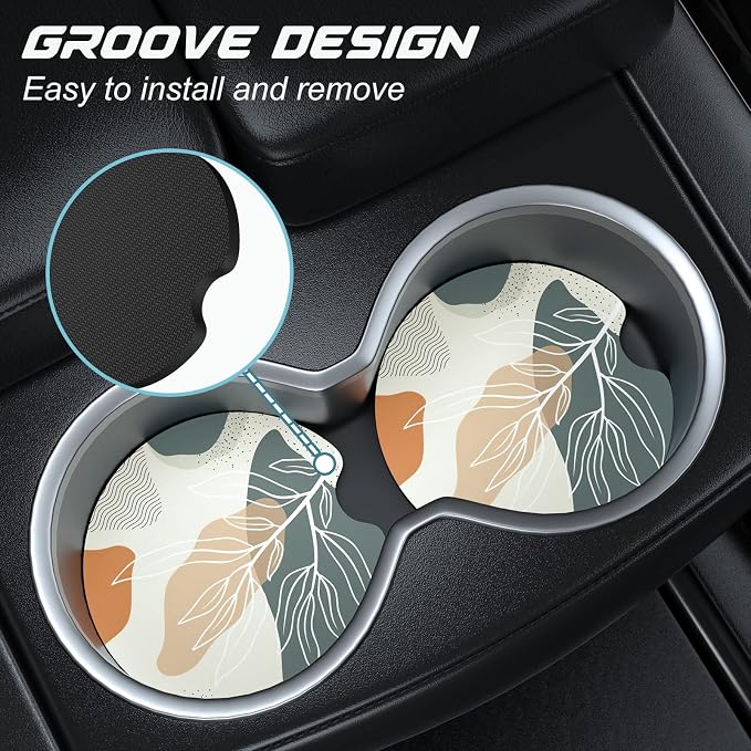 Aiawoxc Car Cup Holder Coasters, 2 Pack Universal Auto Anti Slip Insert Coaster with A Finger Notch, Cute Car Assecories for Women Men, Cup Mat for Most Interior, Abstract Boho Leaves