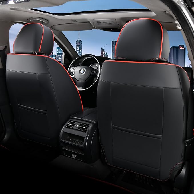 FLORICH Car Seat Covers, Leather Seat Covers, Front Seat Covers 2PCS,Waterproof Car Seat Protector, Auto Driver Seat Covers Accessories Fit for Most SUV Trucks(Black&Red line, Front Pair)