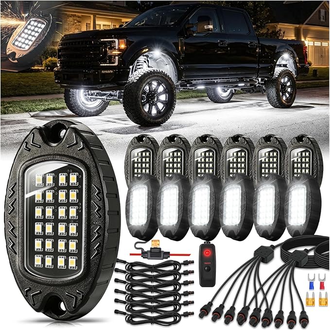 12Pods Metal Pure White LED Rock Lights Kit 6500K for Truck Pickup Offroad | Aluminum Housing, Plug-and-Play & Pre Wired, Switch Wiring Harness Extension Fuse, 288Chips Waterproof 12V, Pure Copper Wire