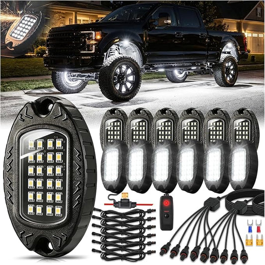 12Pods Metal Pure White LED Rock Lights Kit 6500K for Truck Pickup Offroad | Aluminum Housing, Plug-and-Play & Pre Wired, Switch Wiring Harness Extension Fuse, 288Chips Waterproof 12V, Pure Copper Wire
