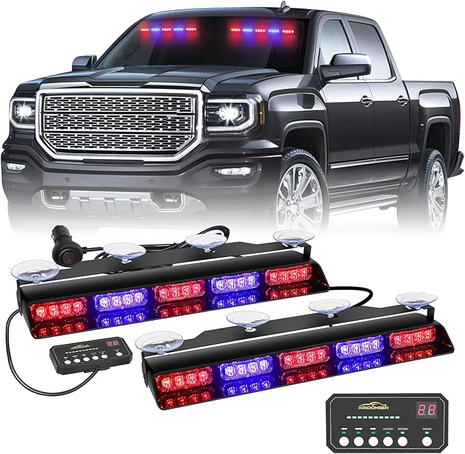 XRIDONSEN 2x 17 inch Dash Strobe Lights 40 LED Windshield Light Bar | Interior Safety Warning Hazard w/ Suction Cups for Vehicles Trucks (Red/Blue)