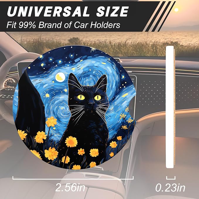 Aiawoxc Car Cup Holder Coasters, 2 Pack Universal Auto Anti Slip Insert Coaster with A Finger Notch, Cup Mat for Most Car Interior, Starry Sky Cat