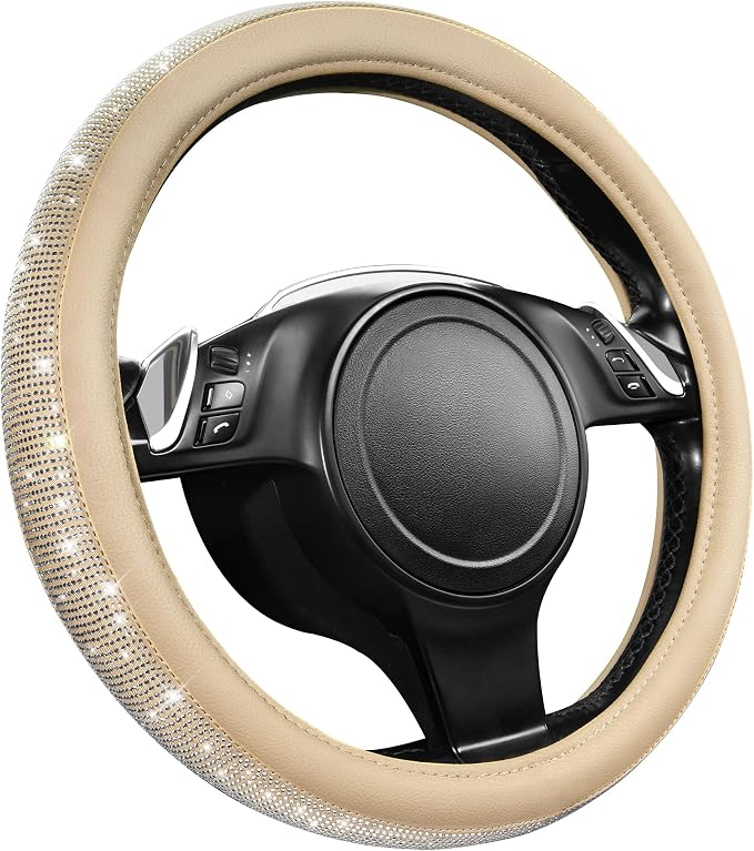 CAR PASS Bling Diamond Beige Leather Steering Wheel Cover, White Sparkly Crystal Glitter Rhinestones Universal Fit 14" 1/2-15" Car Wheel Protector for Women Girl Fit Suvs,Vans,Sedans,Trucks, Beige