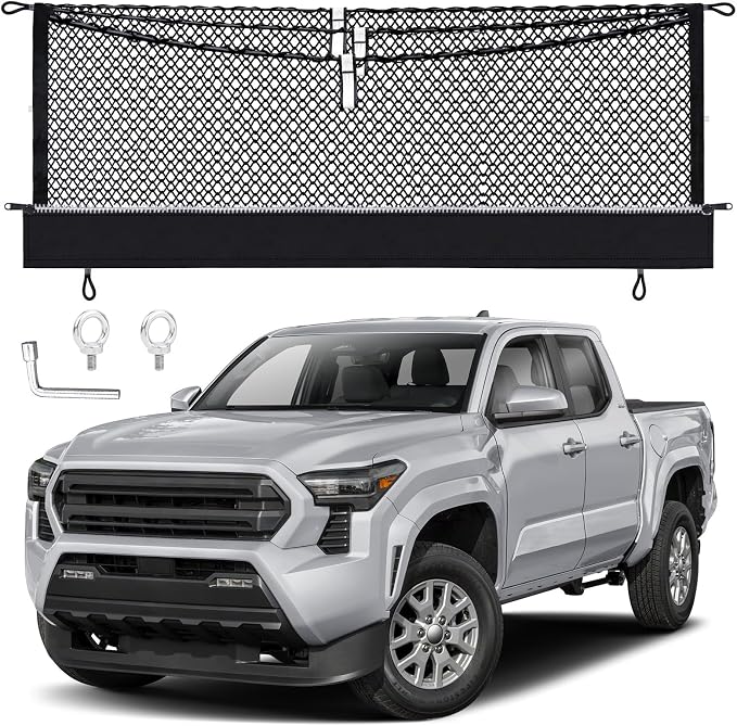 3-Layer Cargo Net for Toyota Tacoma 2005-2026, Zipper Bag Truck Bed Net for Groceries, Heavy Duty Oxford Cargo Organizer Storage Nets with Carabiners