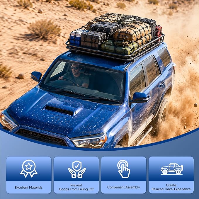 Funmit 4 x 6 Ft Cargo Net for Roof Basket and Pickup Bed, Nice Elasticity Stretches to 8 x 12 Ft with 24 Carabiners, Bungee Cargo Netting Design for Most Car Models
