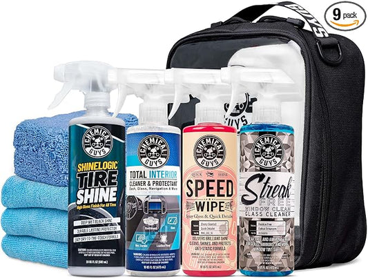 Chemical Guys Car Detailing Kit, Interior and Exterior Cleaning, 9-Piece | Includes Tire Shine, Quick Detailer, Total Interior & Glass Cleaner, Microfiber Towels, Applicator & Storage Bag