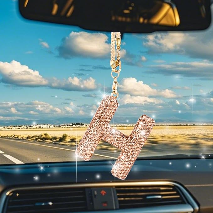 Bling Car Accessories for Women Letter Charm, Rainbow Crystal Rearview Mirror Pendant, Cute Diamond Rhinestone Car Decor, Lucky Gift for Women(H, Champagne Gold)