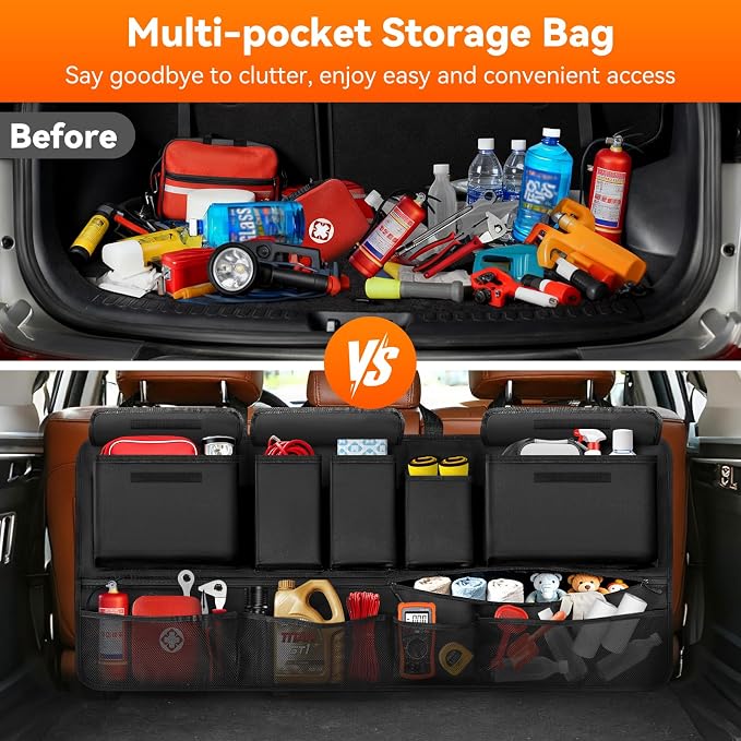 Trunk Organizer for SUV, 43" x 19" Large Capacity Car Organizers and Storage, Backseat Hanging Storage Bag with 10 Pockets, Adjustable & Waterproof Car Interior Accessories for SUV Truck MPV