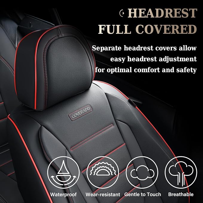 Coverado Seat Covers Full Set, Seat Covers for Cars, Car Seat Cover, Car Seat Protector, Nappa Leather Car Seat Cushion, Waterproof Car Seat Covers Front Seats and Back Fit for Most Cars (Redline)