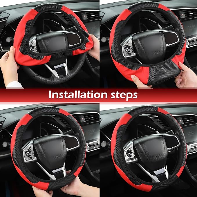 Car Steering Wheel Cover,15 Inch Carbon Fiber Leather Elastic Steering Wheel Protector, Anti-Slip Soft Breathable Driving Wheels Covers, Universal Auto Interior Accessories for Vehicle (Red)