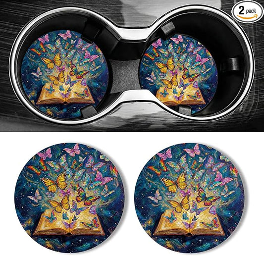 WOCOCN Car Coasters for Cup Holders - 2 Pack 2.75" Universal Rubber Car Cup Coaster, Non-Slip Waterproof Car Interior Accessories, Cute Car Decor Gifts for Women and Men (Butterfly Book)
