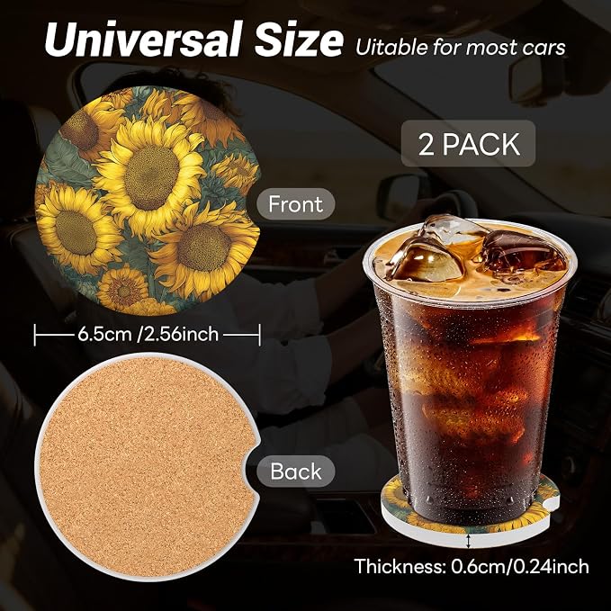 2 Pack Ceramic Car Coasters for Cup Holder, 2.56 in Anti Slip Absorbent Coaster with Cork Base and Finger Notch, Funny Cute Car Accessories for Women, Sunflower