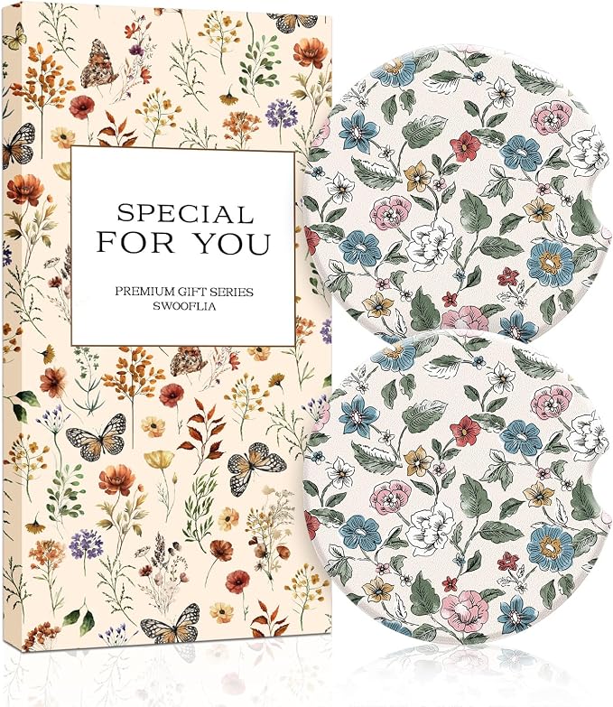 Swooflia Floral Absorbent Ceramic Car Coasters Set of 2, Cute Botanical Wildflower Cup Holder Coasters for Car, Pink Blue Flower Car Accessories for Women, Unique Gifts for Mom, Friends, Teachers