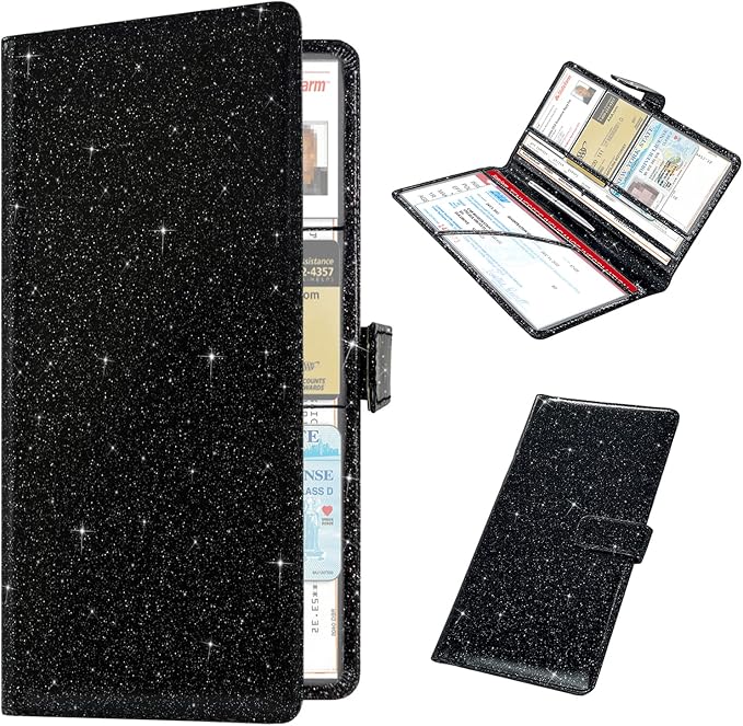 RSAquar Car Registration and Insurance Holder, Vehicle Glove Box Organizer Cool Car Accessories, Auto Truck Document Holder for Cards, Driver License, Black Glitter