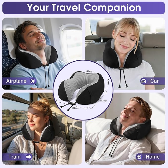CloudBliss Travel Pillow for Airplane, Set of 2 Memory Foam Neck Pillow for Travel, Travel Neck Pillow for Long Flight, Car & Office, Trip Accessories with Eye Mask, Earplugs, Carry Bag, Black & Black