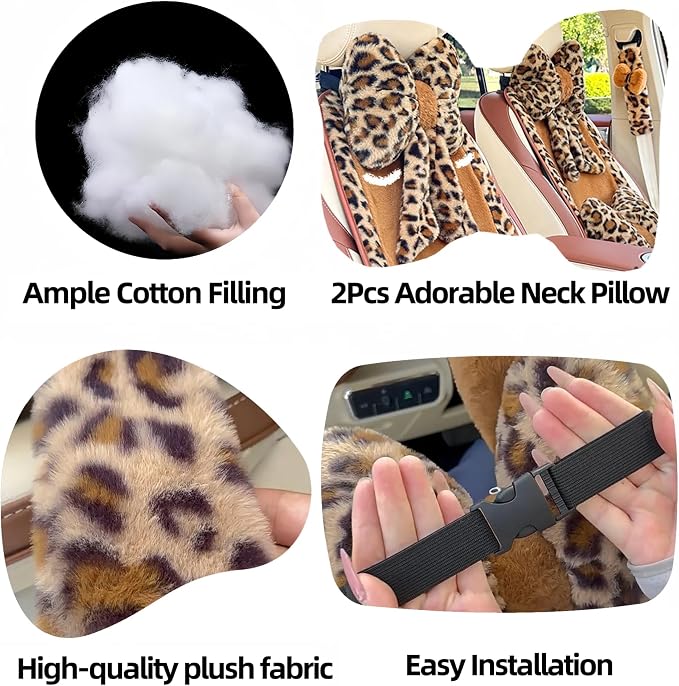 Car Neck Pillow 2PCS Plush Bowknot Car Headrest Pillow – Comfortable Neck Support for Driving Soft Touch Fabric Car Pillow Cute Interior Decor (Pink Leopard)