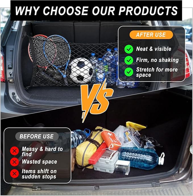 Stretchable Elastic Trunk Cargo Net with 4 Heavy-Duty Hooks, Adjustable Car Storage Net for SUVs, Trucks, and Hatchbacks, Secures Luggage, Groceries, and Tools from Shifting