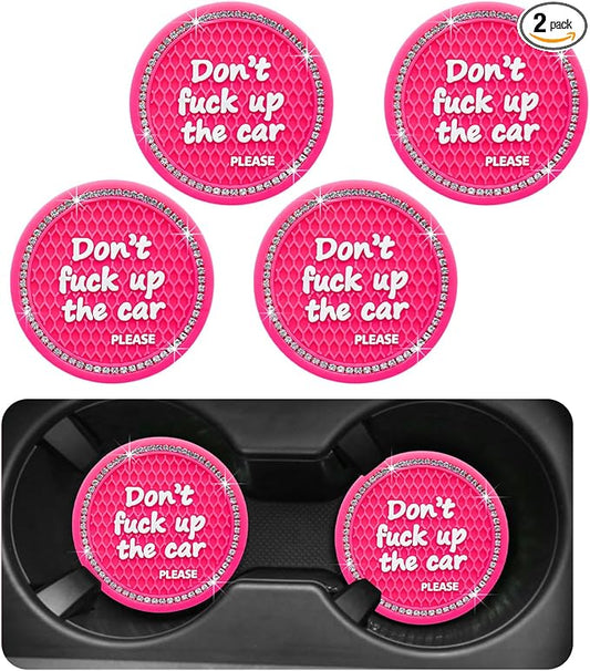 Ohleats Bling Car Cup Coaster, 2.75 Inch Non-Slip Don't Fuck Up My Car Please Cup Holder Insert Coaster, Crystal Rhinestone Auto Drink Cup Mat, Universal Car Accessories (Rose Red-4PCS)