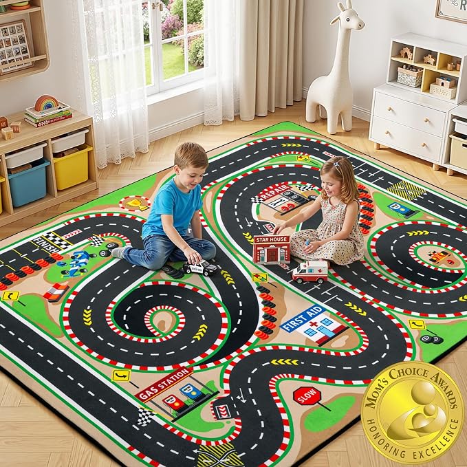 Kids Rug, 5x7 Ft Race Track Car Rug for Kids | Extra Thick 0.4in Soft Non-Slip Racing Car Carpet Play Rug with 3D Track Design for Toy Cars, Playroom, Bedroom &Nursery