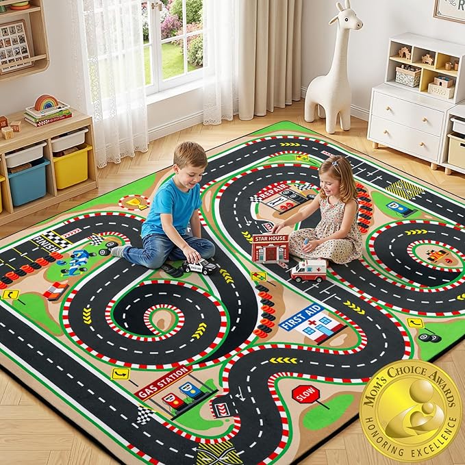 Kids Rug, 6x9 Ft Race Track Car Rug for Kids | Extra Thick 0.4in Soft Non-Slip Racing Car Carpet Play Rug with 3D Track Design for Toy Cars, Playroom, Bedroom &Nursery