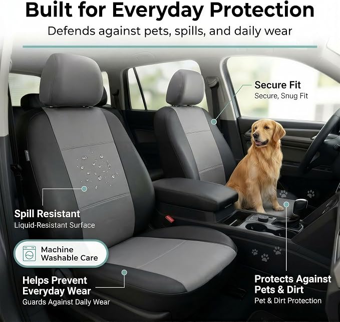 FH Group Car Seat Covers PU Leather Full Set Automotive Seat Covers Front Set and Rear Solid Bench Gray Black Seat Covers with Gift Universal Fit Interior Accessories for Cars Trucks and SUVs