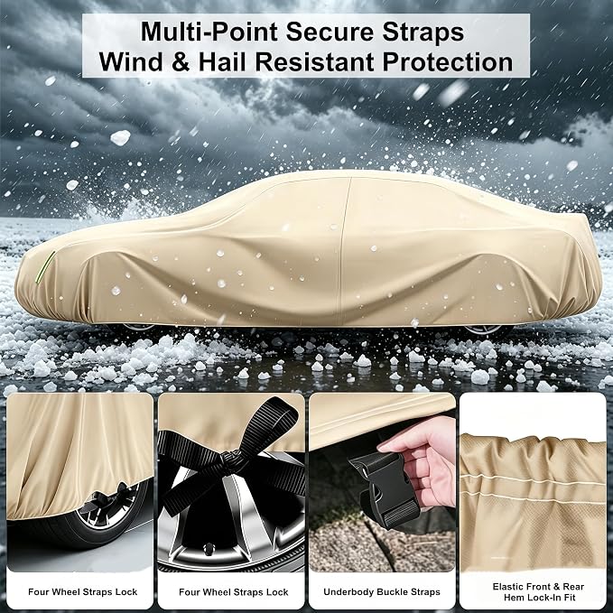 Oxford Car Cover Waterproof All Weather Protector Universal SUVs | 210D Thick Oxford Full Cover with Soft Cotton Liner for UV Hail Snow Ice Dust Protection , 9 Windproof Straps Easy Install