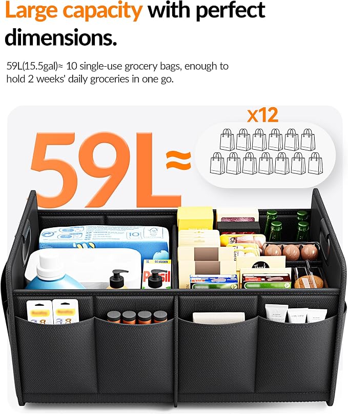 Homeve Car Trunk Organizer for SUV, 15.5Gal Large Capacity No-Sag Heavy Duty, Foldable Waterproof Anti-Slip Storage with 12 Pockets, Fit Sedan,Truck, Universal Car Accessories, Black, 2 Compart,Medium