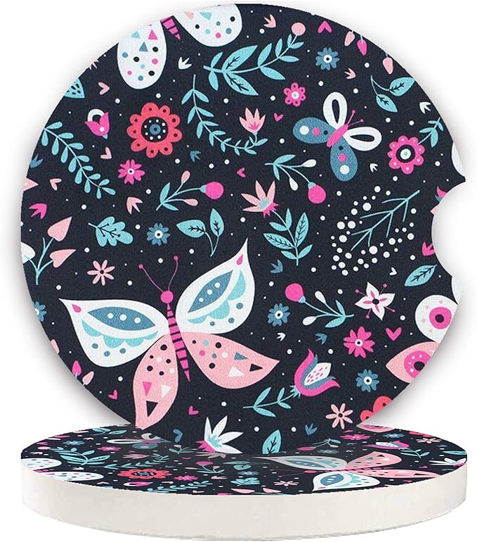 Butterfly Small 2.56" Absorbent Car Coasters 2 Pack, Auto Coasters for Cup Holders, Ceramic Car Accessories Absorb Spills to Keep Cupholders Clean