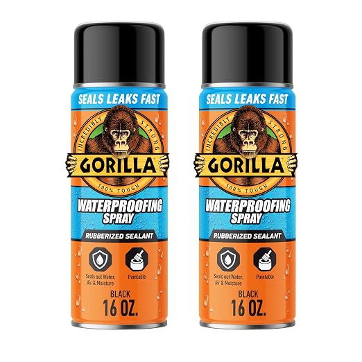 Gorilla Waterproofing Spray Black, Flexible Rubberized Sealant Coating, Paintable UV Resistant, Seals Water Air Moisture, 16 oz (Pack of 2), for Roofs Gutters Skylights RVs Windows & More