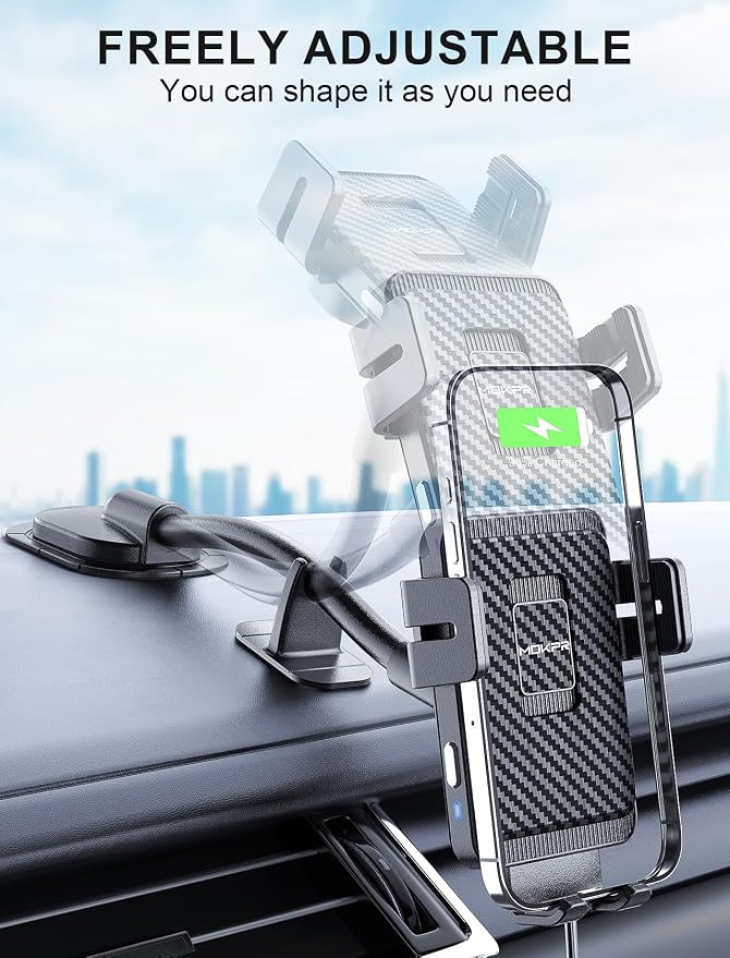 MOKPR Wireless Car Charger, Adjustable Gooseneck Car Mount Auto-Clamping Car Charger, Dashboard [with Anti Shake stabilizer] Phone Holder fit for iPhone 17 16 15 14 13 12, Samsung,with QC 3.0