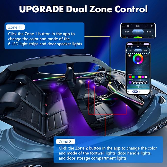 2026 Upgraded Acrylic Interior Car LED Strip Light Dual-Zone Wireless App, 2 in 1 with 43.3inch + 9.8inch Fiber Optic Strip Lights, Dynamic Chasing Music Sync Neon Car Ambient Lighting Kits