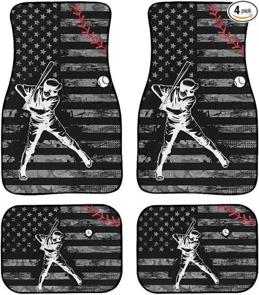 Baseball Print Car Floor Mats Set of 4 Retro American Flag Sports Ball Universal Vehicle Floor Carpet Decorative Auto Front Rear Foot Rugs for Trucks SUV Sedan