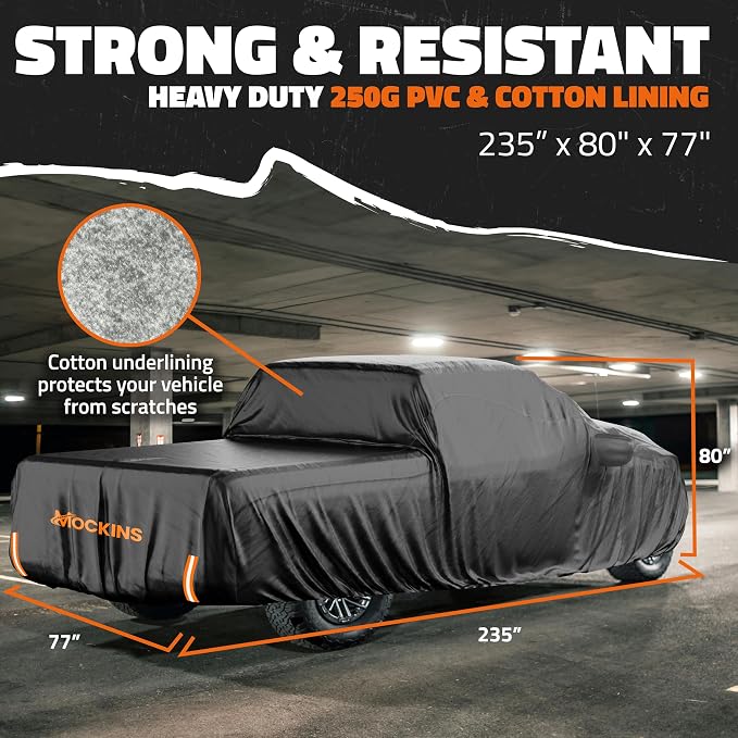 Mockins 235"x80"x77" Pickup Truck Cover Waterproof All Weather Tarp | 250G PVC + HD Cotton Car Covers for Automobiles | Universal Indoor & Outdoor Car Cover for Truck | Ford F-150 Full Exterior Covers