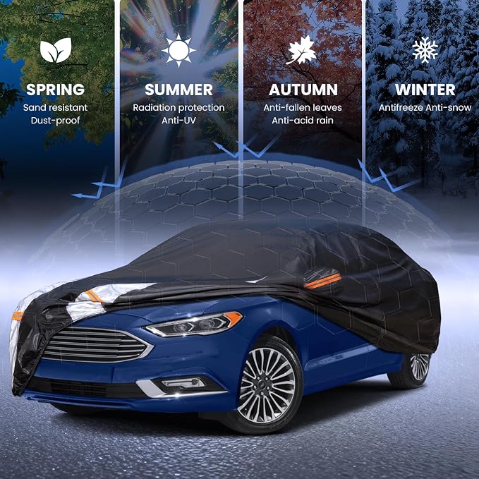 Multi-Layer Car Cover Custom Fit for Ford Fusion(205-2026), 100% Waterproof All Weather for Automobiles, Gift with Towel, Heavy Duty Car Covers for Rain Sun UV Protection with Door Zipper