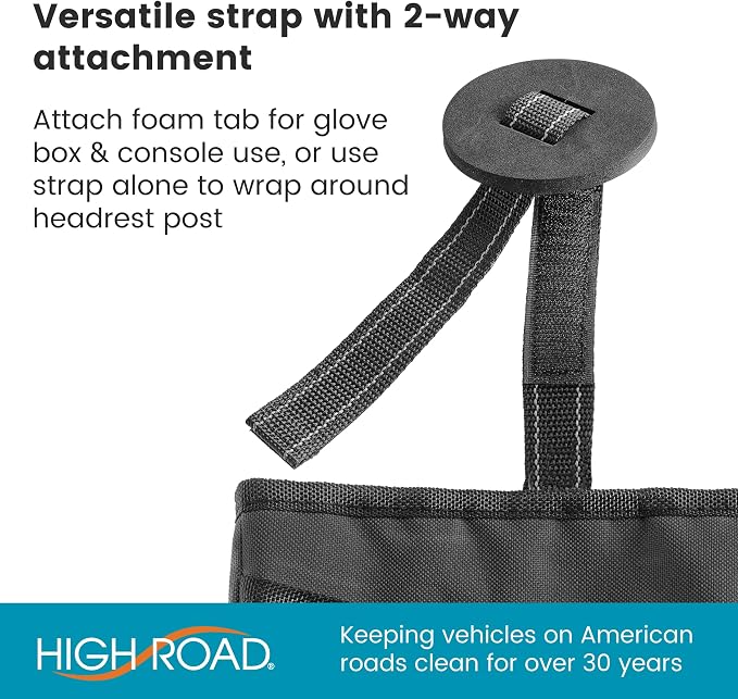 High Road Small Trash Can for Car and Auto Trash Bag for Car Front Seat | Hanging Car Trash Bag With Magnetic Closure and Front Storage Pocket - Holds a Gallon of Wet or Dry Car Garbage
