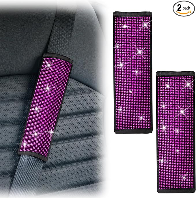 ecocstm 2 PCS Bling Car Seat Belt Shoulder Pads, Bling Seat Belt Covers with Bling Rhinestones, Car Accessories Seatbelt Strap Pad with Crystal Diamond for Car, Truck, SUV (Pink Purple Diamond)