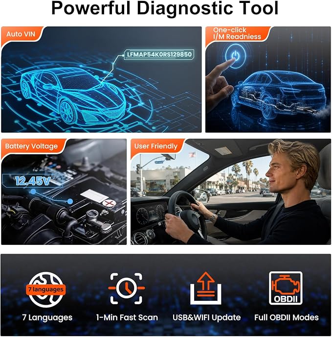 Full Systems OBD2 Scanner Car Diagnostic Tool with ABS SRS Transmission Etc | Read & Clear Fault Codes; Read Live Data; Battery Voltage Test; Free Upgrade; Works for Cars and Trucks Since 1996