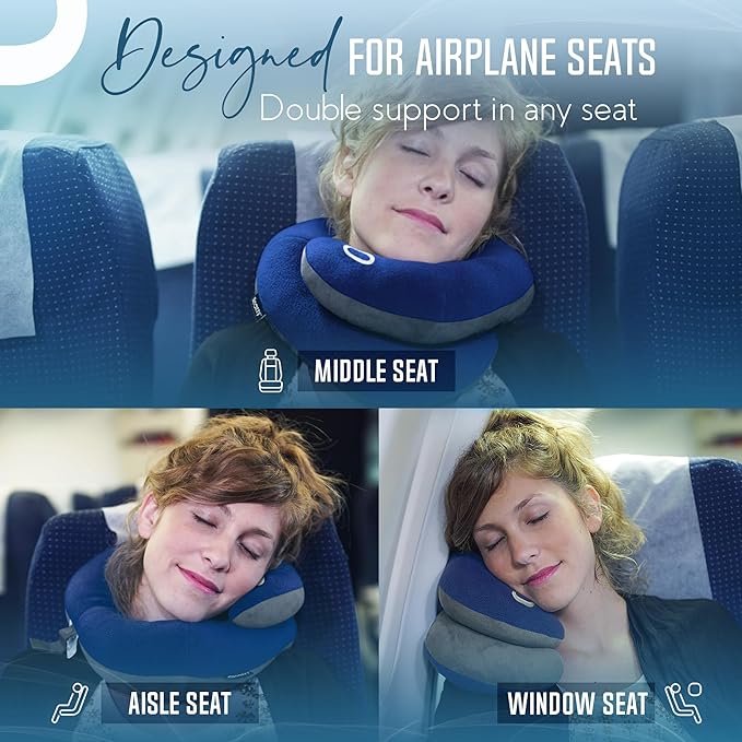 BCOZZY Travel Neck Pillow for Airplane– Patented Double Support for Head, Neck, and Chin. Best for Long Flights, Plane Sleeping, and Car Rides. Adjustable Size. Washable. Carry Bag. Large, Purple