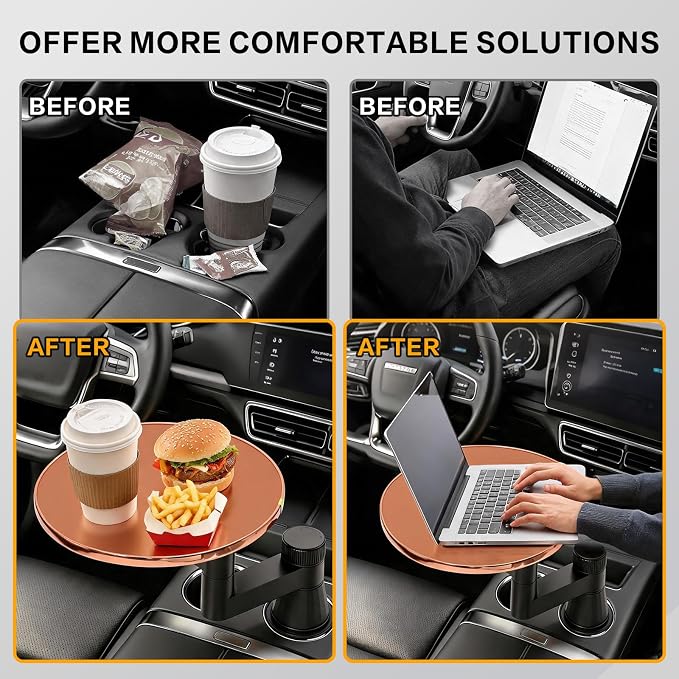Car Tray Table & Car Desk for Laptop, Dual 360° Rotating Cup Holder Tray, Anti-Slip Leather-Textured Car Food Tray for Eating, Working & Makeup, Compatible with Tesla Model Y/3/S & Most Vehicles