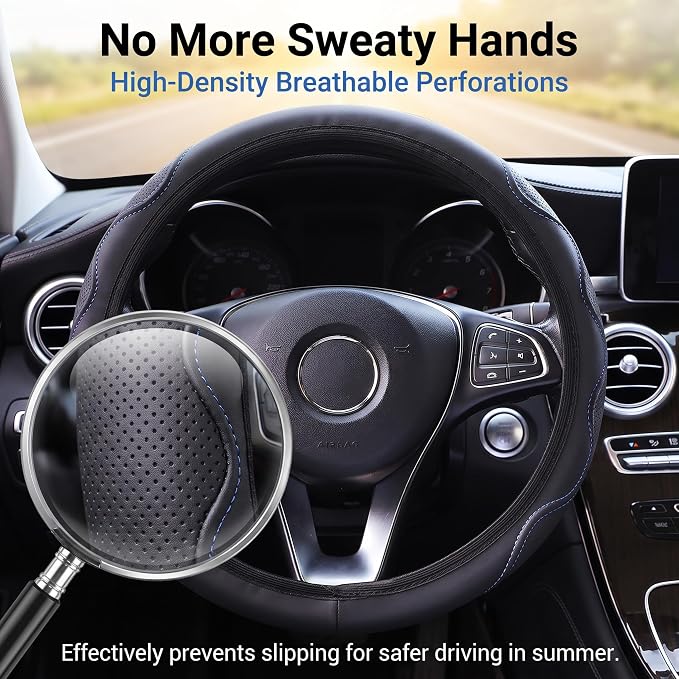 Elastic Steering Wheel Cover Black and Blue Universal 14-15 inch | Leather Car Steering Wheel Covers Stretch Microfiber Breathable Anti-Slip Car Accessories Fit for Suvs, Vans, Trucks