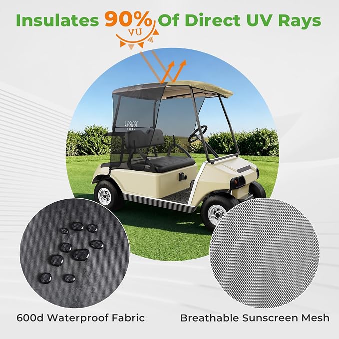 10L0L 2 Passenger Golf Cart Sun Shade Cover for EZGO TXT RXV & Club Car DS Precedent Tempo - Foldable UV Protection Cover Heat Blocking Design, Beige