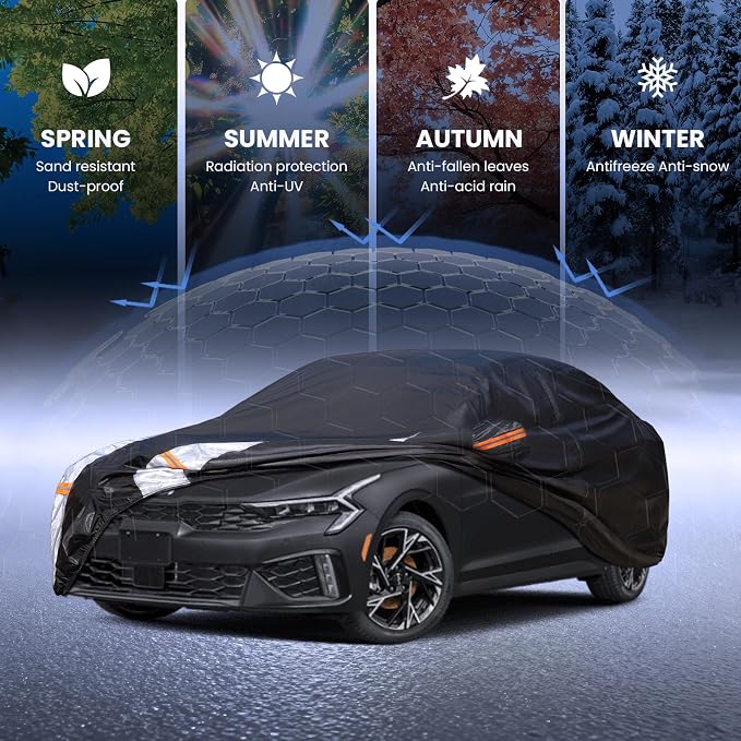 Multi-Layer Car Cover Custom Fit for Kia K5(2020-2026), 100% Waterproof All Weather for Automobiles, Gift with Towel, Heavy Duty Car Covers for Rain Sun UV Protection with Door Zipper