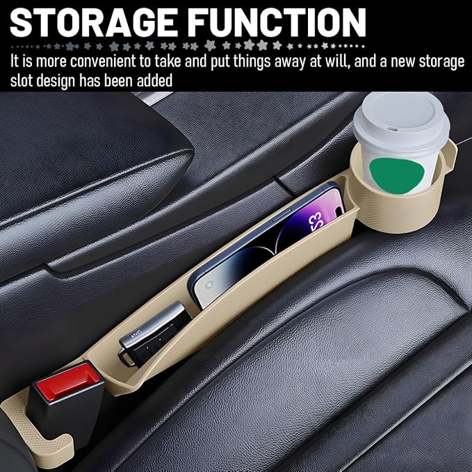 2PCS Car Seat Gap Filler Organizer with Cup Holder, Multifunctional Side Seat Crevice Blocker Plug with Storage Slot, No-Drop Auto Console Side Gap Stopper Organizer, Universal Fit (Beige)