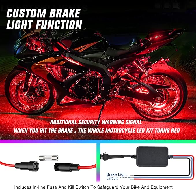 Nilight 8PCS Motorcycle RGB Led Light Kit Waterproof Multi Color Atmosphere Neon Accent APP and Remote Control Underbody Strips for Harley Davidson Honda Kawasaki Suzuki