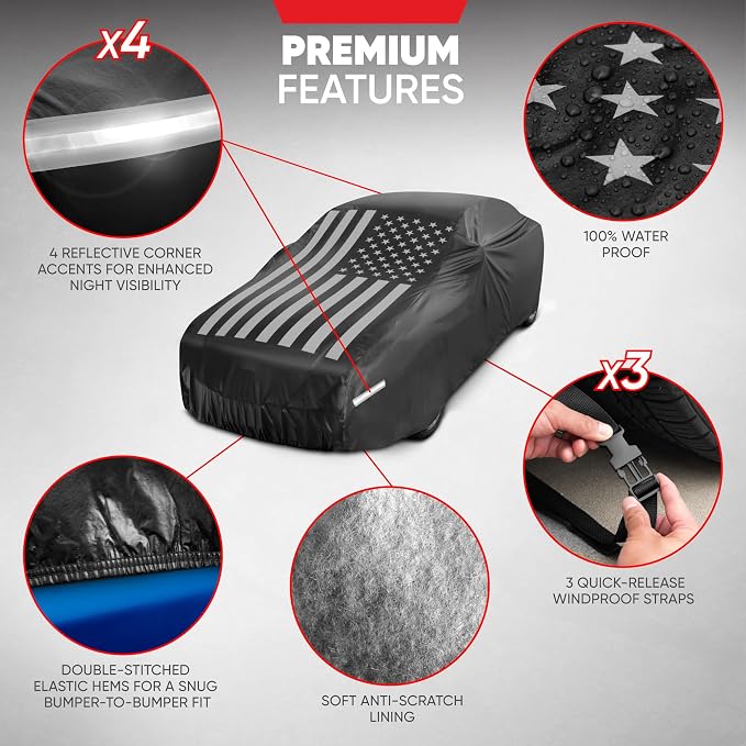Motor Trend Black USA Flag Waterproof Car Cover - All Weather Outdoor Protection, UV Resistant, Windproof, Scratchproof - Semi-Universal Fit Sedan Full Car Cover for Sun Rain Snow (171”- 190” Length)