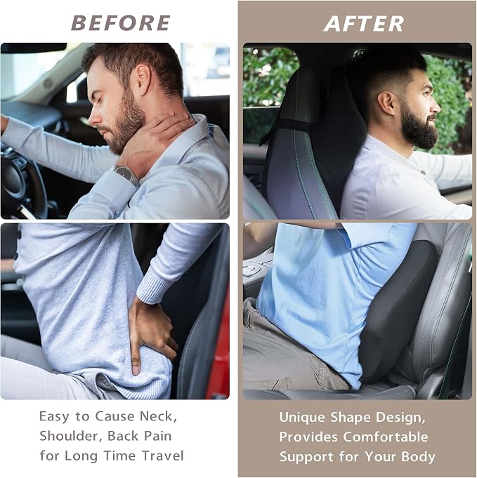 Car Headrest Pillow - Shoulder & Neck Pillow for Car Headrest w/Adjustable Strap & Clip to Secure - Memory Foam Car Neck Pillow for Driving Seat - Ergonomic Head Rest Pillow for Car Seat Neck Support