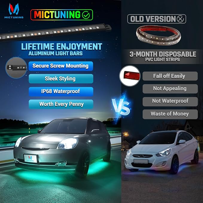 MICTUNING N8 RGBW Underglow Light Bars for SUVs, App/Remote Control, Aluminum Housing Waterproof, Exterior Neon Accent Underbody LED Light Strips, w/ 2pcs 9.8ft Extension Cords, 8PCS