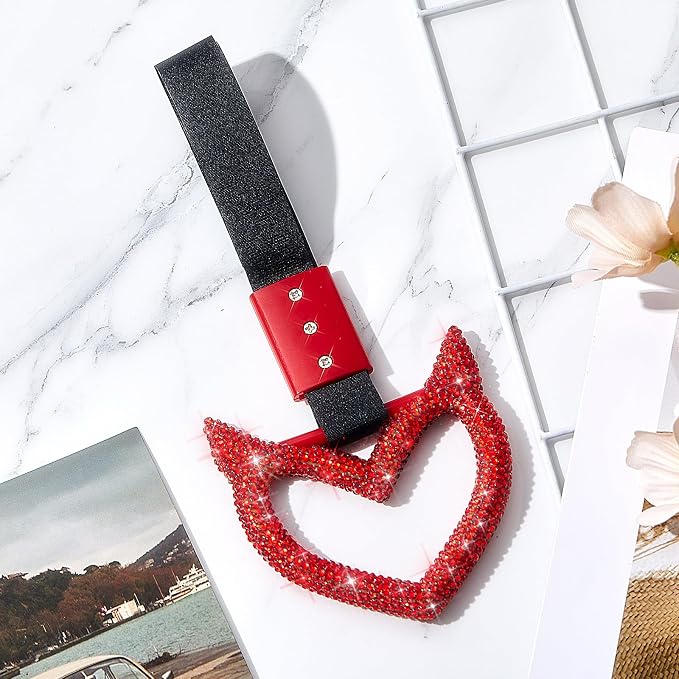 Fabbay Bling Car Accessories Bling Heart Handle Ring Car Accessory for Women Heart Hand Strap Drift Charm Rear Bumper Warning Ring Decor for Auto Bus Interior Exterior Decoration (Red, Devil Style)