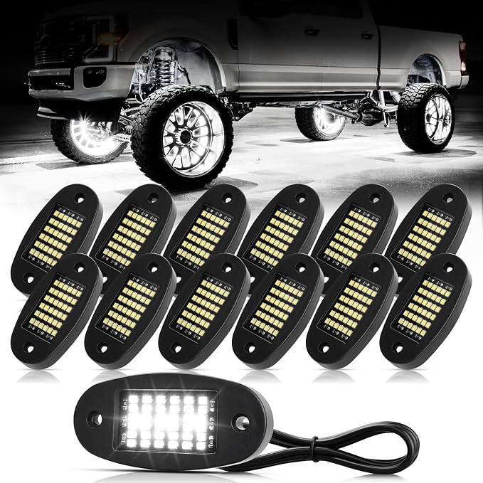 Hovano 12 Pods White Rock Lights 6000K Pure White 36 LEDs SMD Chips Super Bright Neon Underglow Light IP68 Waterproof for Pickup Trucks SUV UTV ATV RZR Car Boats (White)